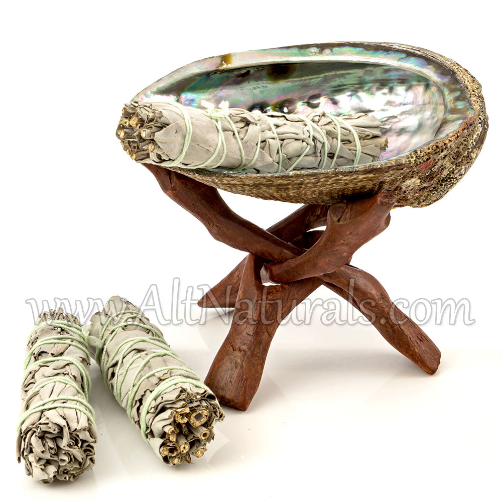 Abalone Shell with Stained Wooden Tripod Stand and 3 California White Sage Smudge Sticks