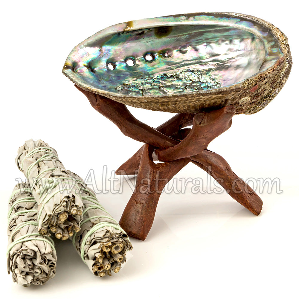 Abalone Shell with Stained Wooden Tripod Stand and 3 California White Sage Smudge Sticks