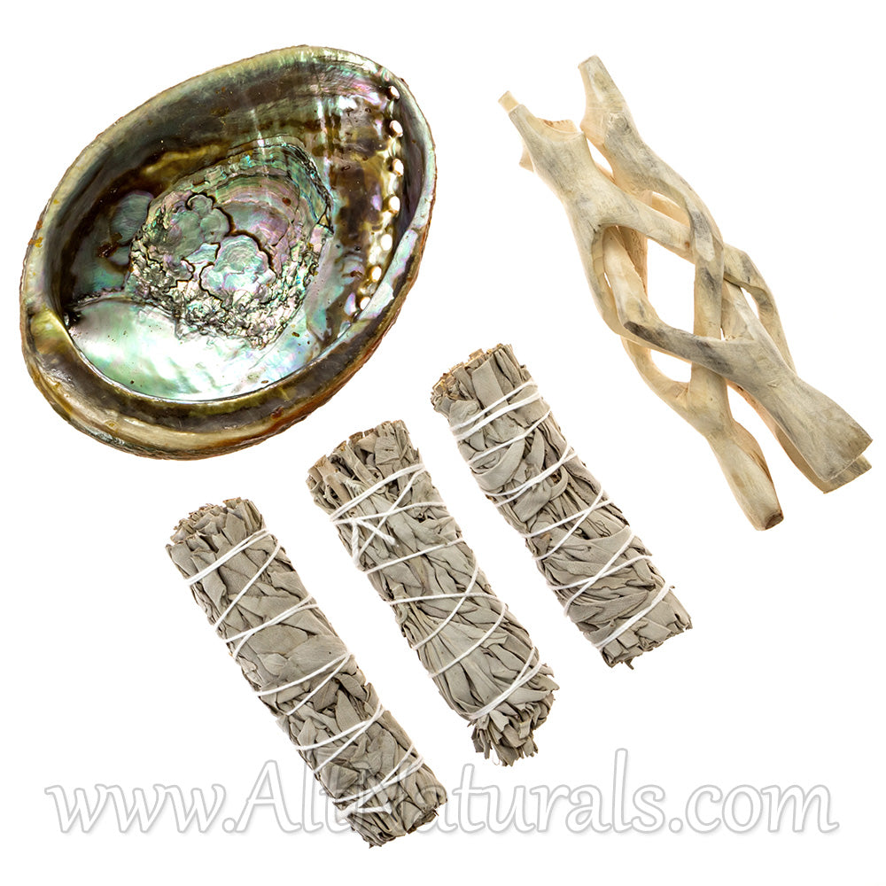 Abalone Shell with Natural Wooden Tripod Stand and 3 California White Sage Smudge Sticks