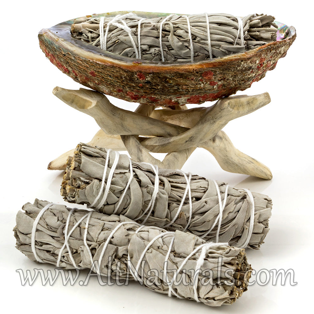 Abalone Shell with Natural Wooden Tripod Stand and 3 California White Sage Smudge Sticks
