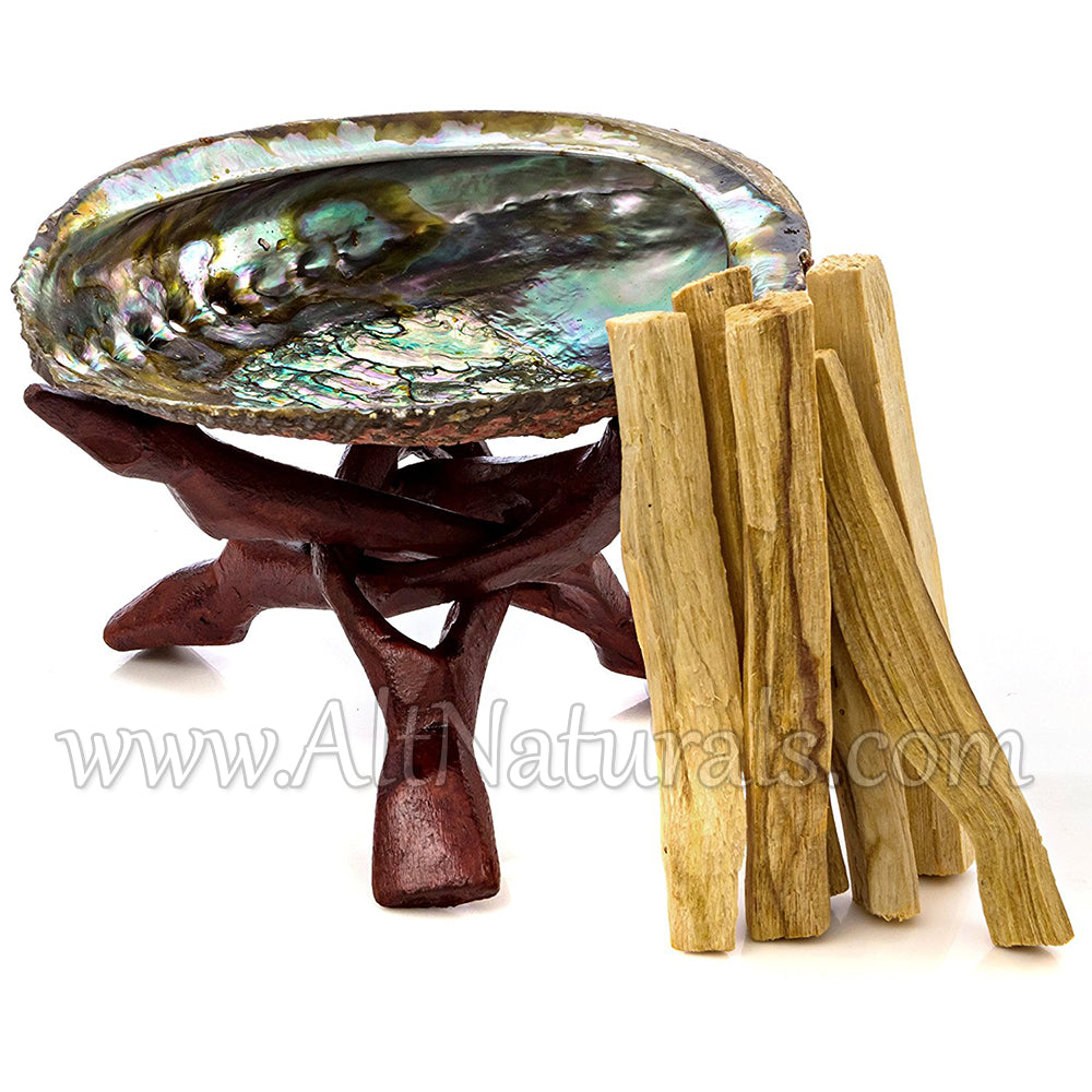 Abalone Shell with Stained Wooden Tripod Stand and 6 Palo Santo Sticks